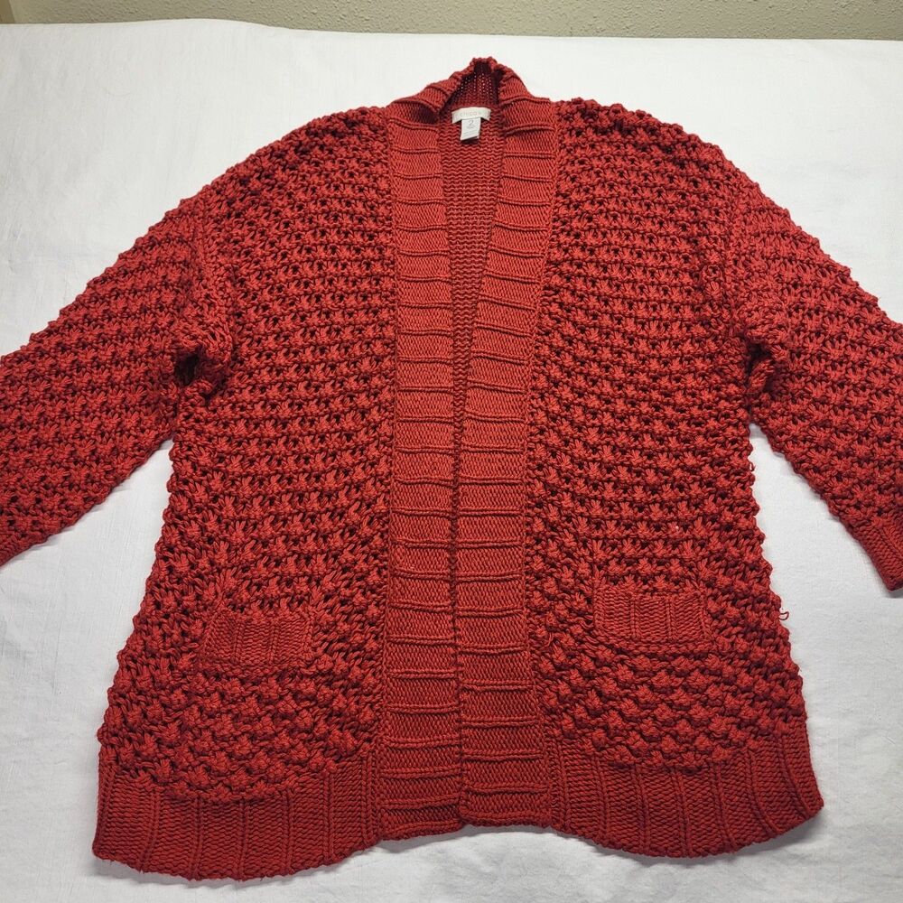 Chico’s Red Knit Bolo Sweater Open Front Cardigan Sweater Women’s Size 2
